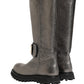 Metallic Silver Leather Mid Calf Boots Shoes