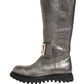 Metallic Silver Leather Mid Calf Boots Shoes