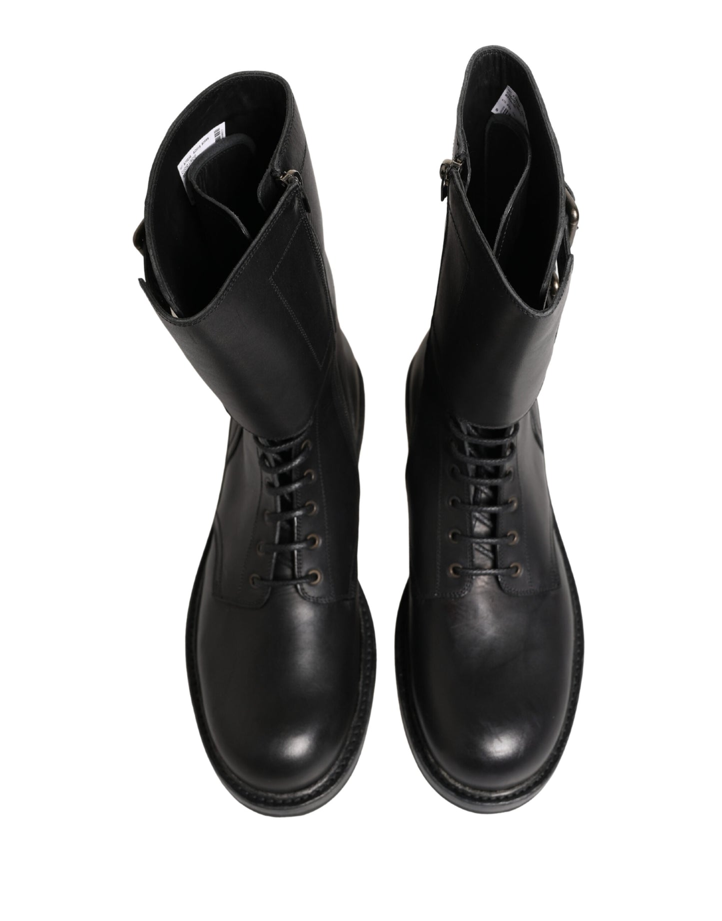 Black Leather Belted Buckle Combat Boots Shoes