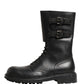 Black Leather Belted Buckle Combat Boots Shoes