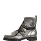 Metallic Silver Leather Buckle Ankle Boots Shoes