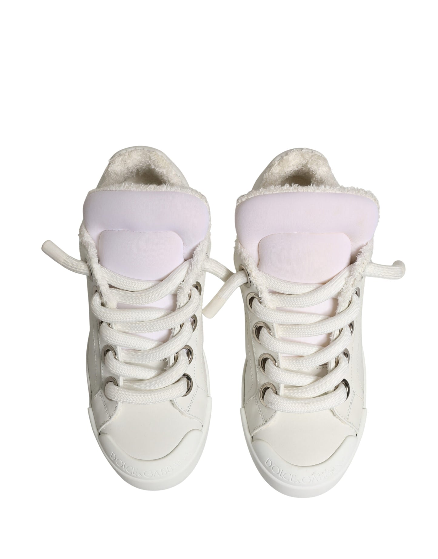 White Leather Shearling Fur Low Top Sneakers Shoes