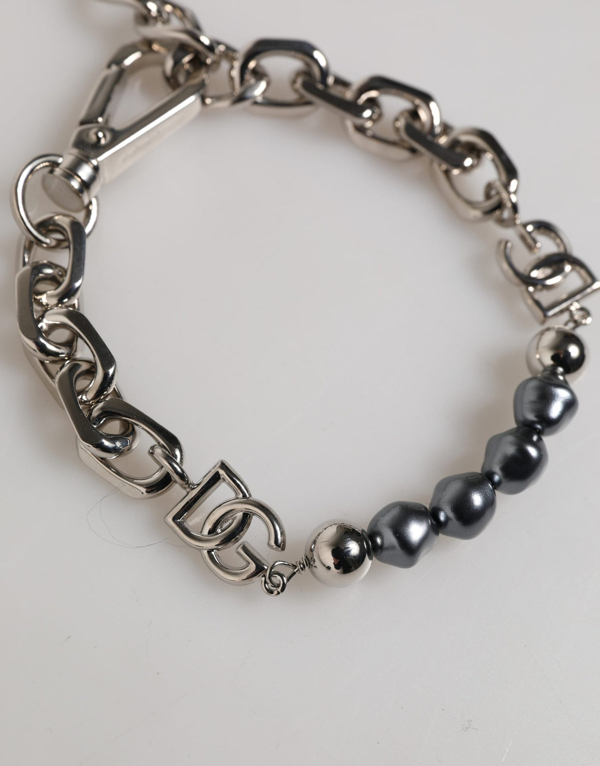 Silver Tone Chain Lobster Clasp Logo Gray Pearls Bracelet