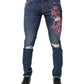 Blue Distressed Graffiti Print Skinny Jeans