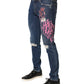 Blue Distressed Graffiti Print Skinny Jeans