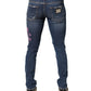 Blue Distressed Graffiti Print Skinny Jeans