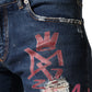 Blue Distressed Graffiti Print Skinny Jeans