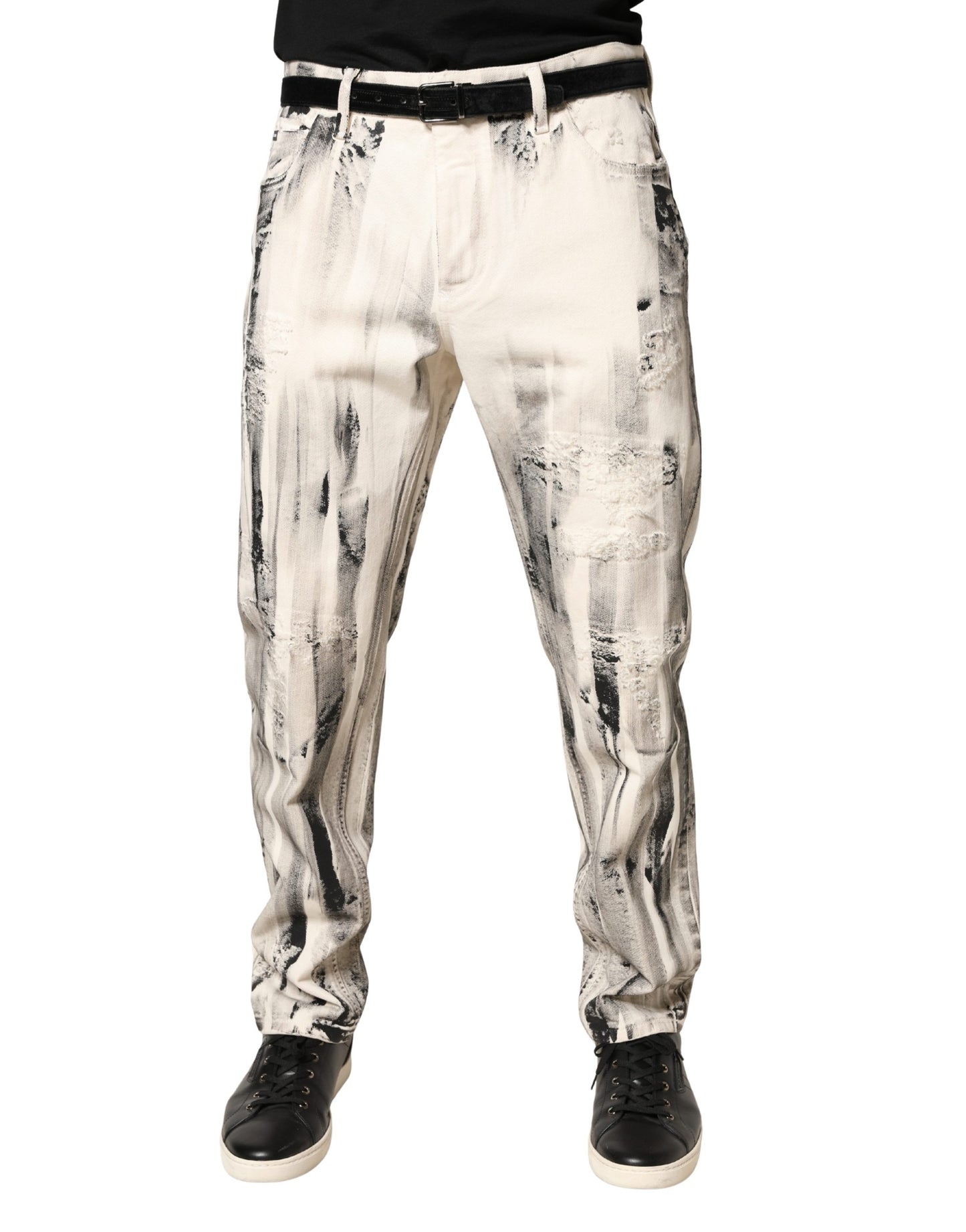 White Distressed Paint Print LooseDenim Jeans