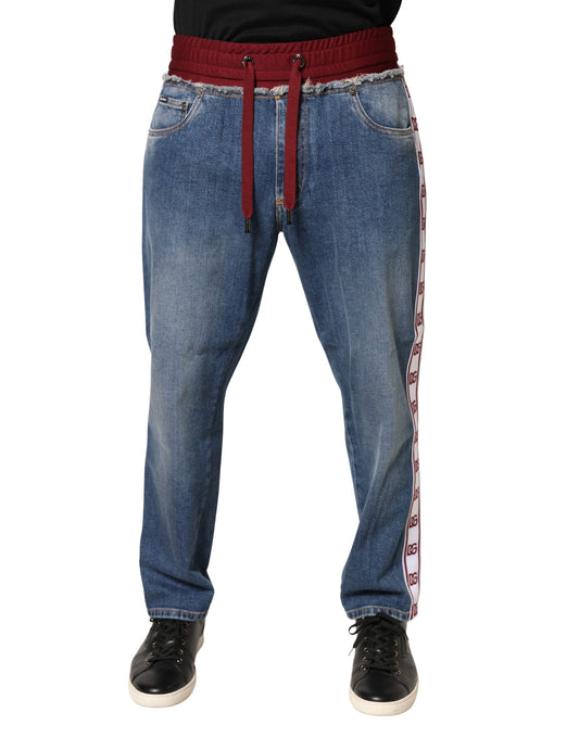 Blue Cotton Drawstring Straight Denim Jeans