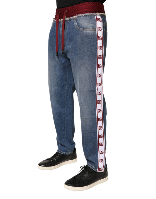 Blue Cotton Drawstring Straight Denim Jeans