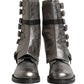 Metallic Silver Combat Biker Mid Calf Boots Shoes