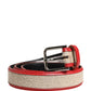 Men Beige Red Woven Leather Metal Buckle Belt