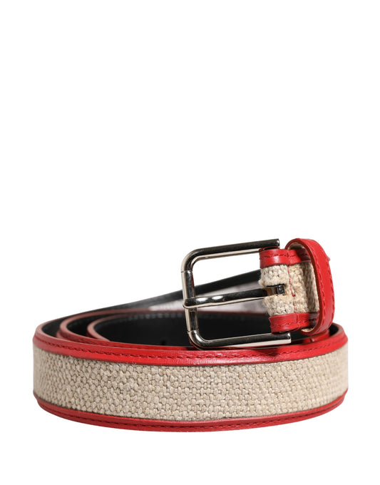 Men Beige Red Woven Leather Metal Buckle Belt