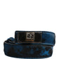 Men Blue Calf Leather Logo Metal Buckle Belt
