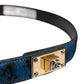 Men Blue Calf Leather Logo Metal Buckle Belt