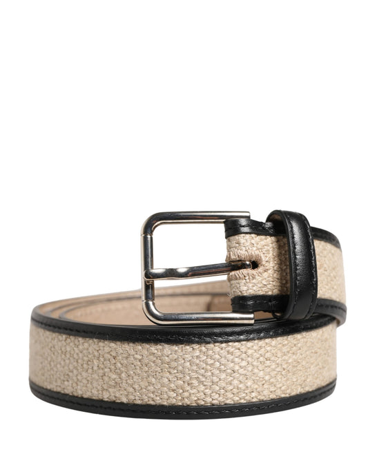 Men Beige Woven Leather Metal Buckle Belt