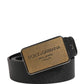 Black Classic Leather Logo Metal Buckle Belt