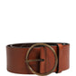 Men Brown Leather Wide Waist Metal Round Buckle Belt