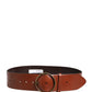 Men Brown Leather Wide Waist Metal Round Buckle Belt