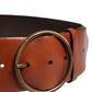 Men Brown Leather Wide Waist Metal Round Buckle Belt