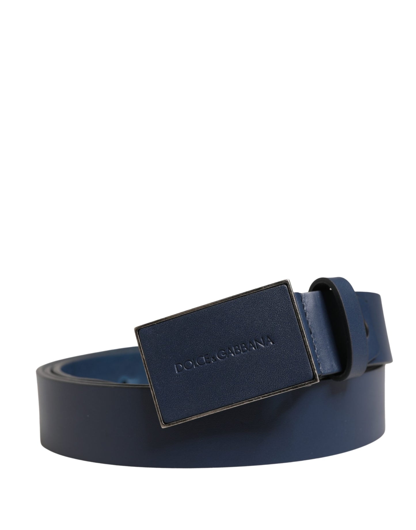Dark Blue Calf Leather Logo Metal Buckle Belt