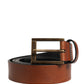 Men Brown Leather Classic Metal Buckle Belt