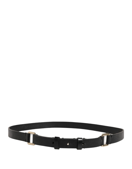 Black Leather Thin Gold Metal Brass Buckle Waist Belt