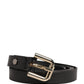 Black Leather Slim Gold Tone Buckle Waist Men Belt