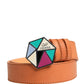 Orange Leather Hexagon Metal Buckle Waist Women Belt