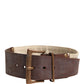 Beige Brown Leather Canvas Metal Buckle Belt