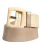Beige Leather Logo Wide Waist Women Square Buckle Belt