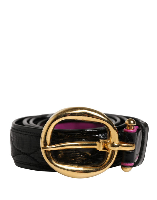 Black Leather Gold Round Buckle Waist Belt