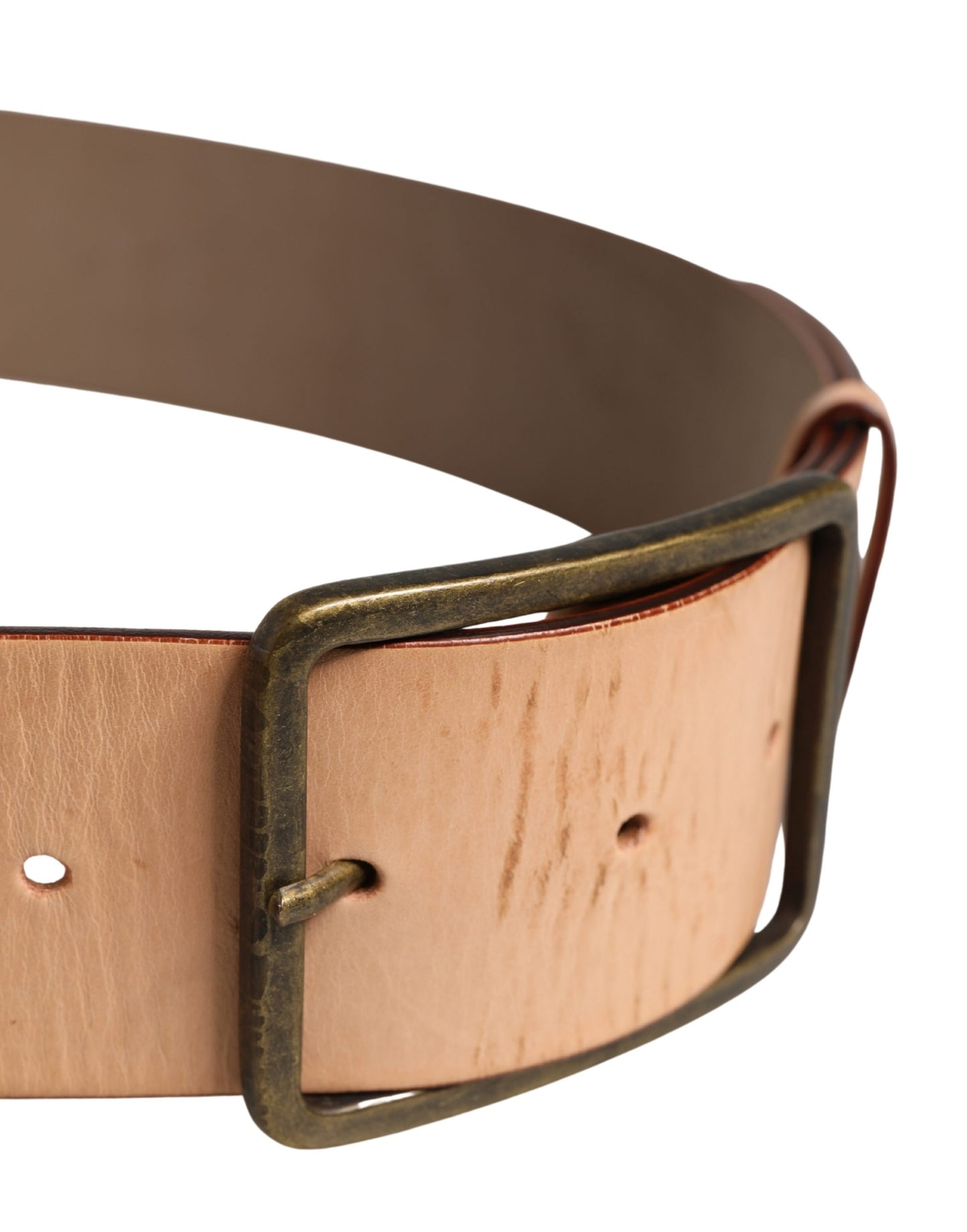 Beige Genuine Leather Wide Waist Metal Buckle Belt