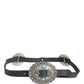Black Turquoise Leather Embellished Oval Buckle Belt