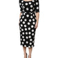 Black White Polka Dot Silk Sheath Midi Dress
