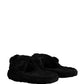 Black Faux Fur Panther Plush Flat Slides Shoes