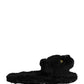 Black Faux Fur Panther Plush Flat Slides Shoes