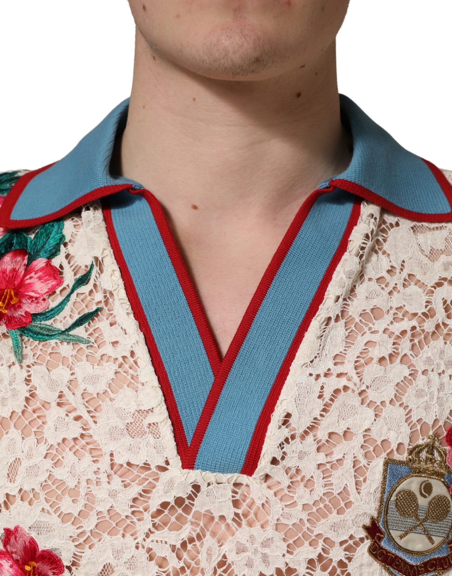 Beige Floral Tennis Club Lace Polo T-shirt