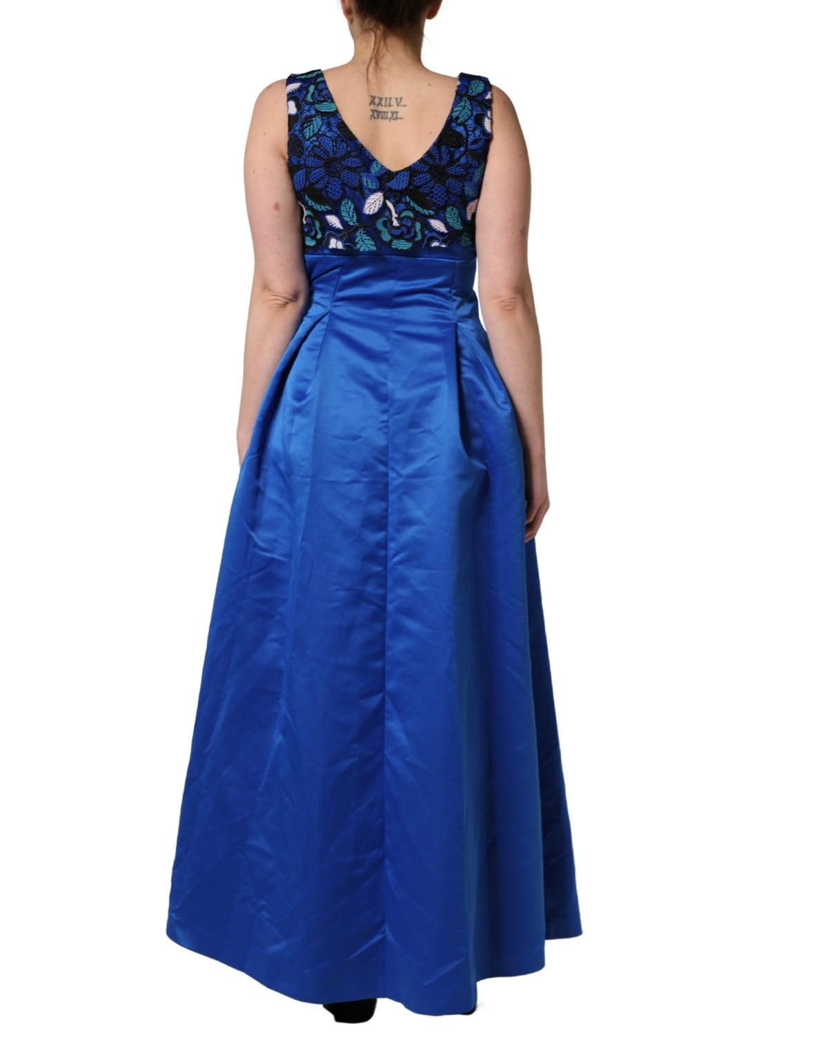 Royal Blue Floral Lace Sleeveless Long Gown Dress