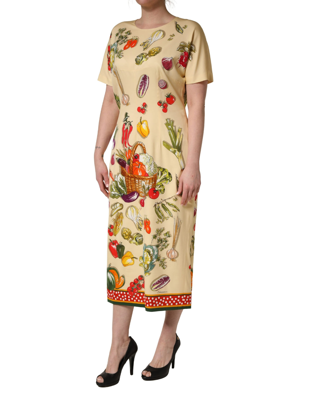 Beige Fruit PolkaDot Sheath Silk Midi Dress