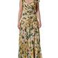 Yellow Silk Floral Print Pleated Maxi Dress