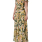 Yellow Silk Floral Print Pleated Maxi Dress