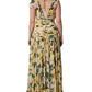 Yellow Silk Floral Print Pleated Maxi Dress