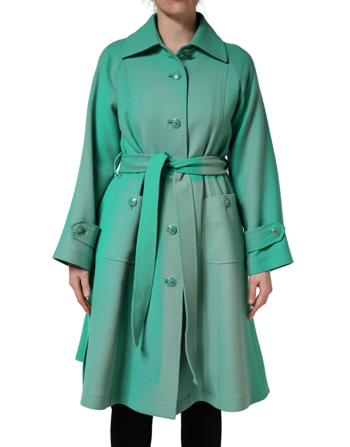 Green Buttoned Down Belt Trench Coat Jacket