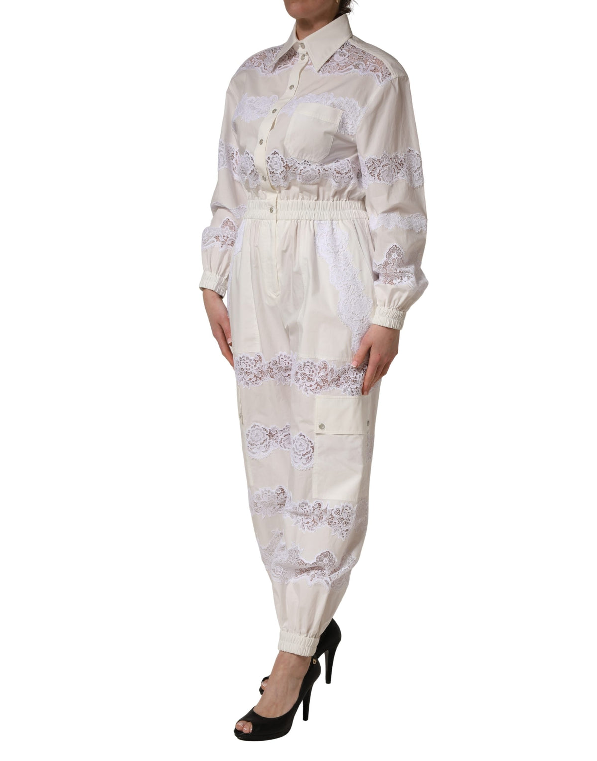 White Cotton Lace Trim Long Sleeves Jumpsuit