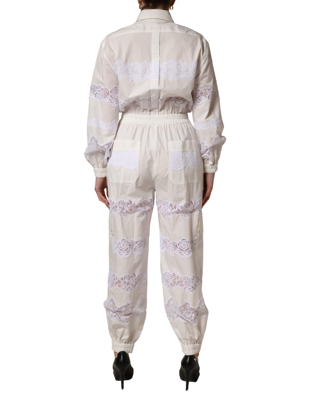 White Cotton Lace Trim Long Sleeves Jumpsuit