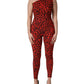 Black Red Nylon Leopard Pattern Jumpsuit