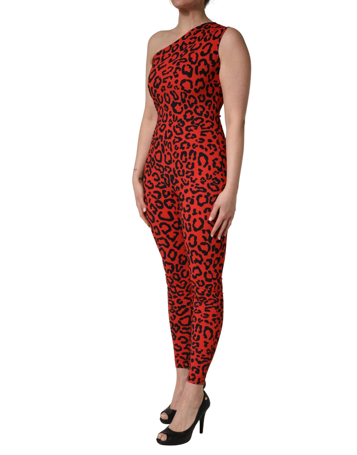 Black Red Nylon Leopard Pattern Jumpsuit