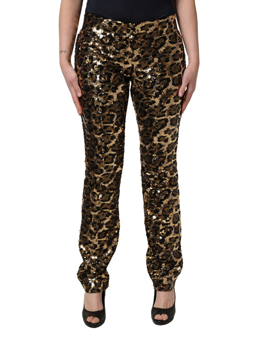 Gold Leopard Sequined Straight Trouser Pants