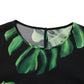 Black Philodendron Print Silk Blouse Top